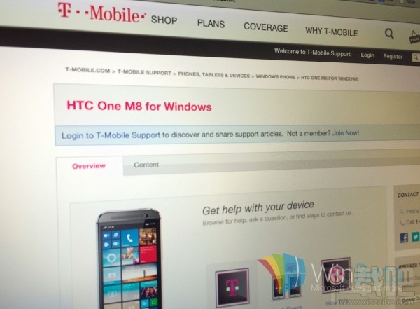 T-Mobile官网列出HTC  One  M8 WP版智能手机