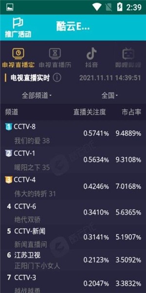 酷云实时收视率查询软件